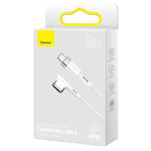 Baseus Zinc Magnetic USB Type-C - Apple Laptop L-alakú mágneses fej töltő kábel 60W 2m (CATXC-W02) fehér