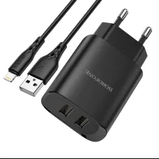 Borofone BN2 Hálózati töltő adapter 2x USB 2.1A + Lightning kábel fekete