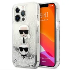 iPhone 13 Pro Karl Lagerfeld Liquid Glitter Karl és Choupette Head tok ezüst (KLHCP13LKICGLS)