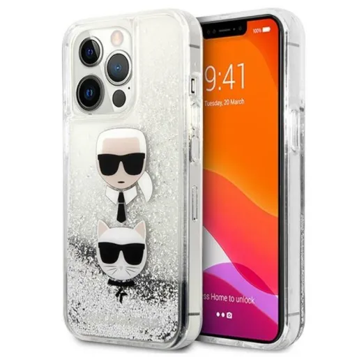 iPhone 13 Pro Karl Lagerfeld Liquid Glitter Karl és Choupette Head tok ezüst (KLHCP13LKICGLS)