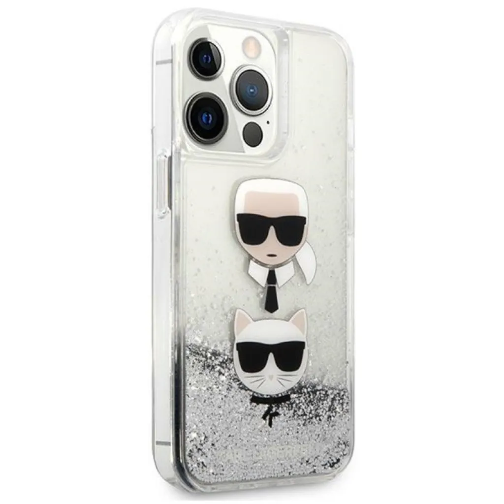 iPhone 13 Pro Max Karl Lagerfeld Liquid Glitter Karl és Choupette Head tok ezüst (KLHCP13XKICGLS) - 8