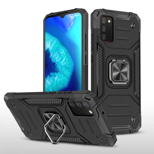 Samsung Galaxy A03s fokozott védelmet biztosító TPU tok kihajtható mágneses támasszal fekete Alphajack (PROTECTION-2)