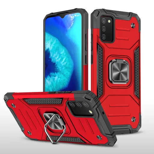 Samsung Galaxy A03s fokozott védelmet biztosító TPU tok kihajtható mágneses támasszal piros Alphajack (PROTECTION-2)