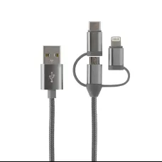 MFi 3 az 1-ben töltőkábel USB-A - lightning, micro USB, USB-C 1m szürke (CA-09) Alphajack