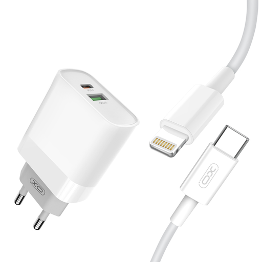 XO Hálózati Gyorstöltő Adapter L64 PD QC 3.0 18W 1x USB 1x USB Type-C Fehér + USB Type-C - Lightning kábel