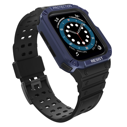 Apple Watch 8/7/6/5/4/3/2 / SE (41/40 / 38mm) Armored Óraszíj és Tok Fekete / Kék Apple Watch 8/7/6/5/4/3/2 / SE (41/40 / 38mm) Armored Óraszíj és Tok Fekete / Kék