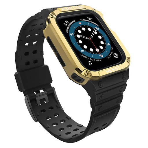 Apple Watch 4/5/6/7/8/SE (42/44/45mm) Armored Óraszíj és Tok Fekete / Arany Apple Watch 4/5/6/7/8/SE (42/44/45mm) Armored Óraszíj és Tok Fekete / Arany