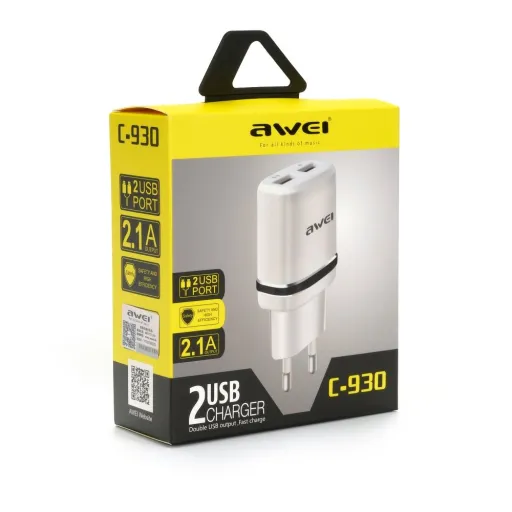 AWEI C930 hálózati, USB fali töltő adapter 2 USB aljzattal fehér színben