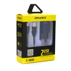 Awei C900 hálózati, USB fali töltő adapter 2 USB aljzattal fekete színben