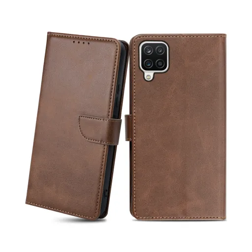 Samsung Galaxy A12 mágneses PU bőr fliptok kártyatartóval sötétbarna Alphajack Samsung Galaxy A12 mágneses PU bőr fliptok kártyatartóval sötétbarna Alphajack