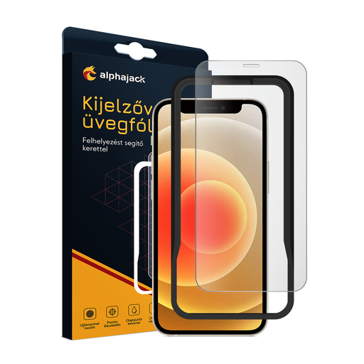 iPhone 12 Pro Max kijelzővédő üvegfólia, felhelyezést segítő kerettel 9H 2.5D HD 0.33mm Alphajack iPhone 12 Pro Max kijelzővédő üvegfólia, felhelyezést segítő kerettel 9H 2.5D HD 0.33mm Alphajack