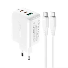 Acefast A13 2 az 1-ben fali töltő 2x USB Type C / USB 65W PD QC 3.0 AFC FCP + töltő kábel fehér