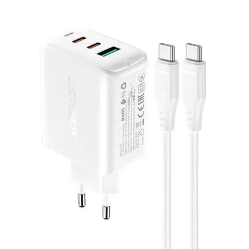 Acefast A13 2 az 1-ben fali töltő 2x USB Type C / USB 65W PD QC 3.0 AFC FCP + töltő kábel fehér