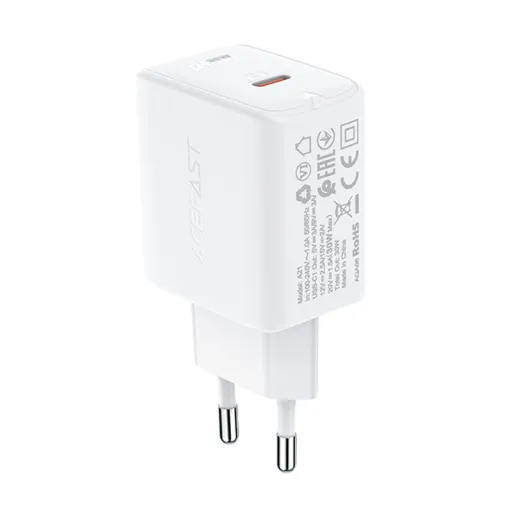 Acefast A21 GaN fali töltő USB Type C 30W PD QC 3.0 AFC FCP fehér