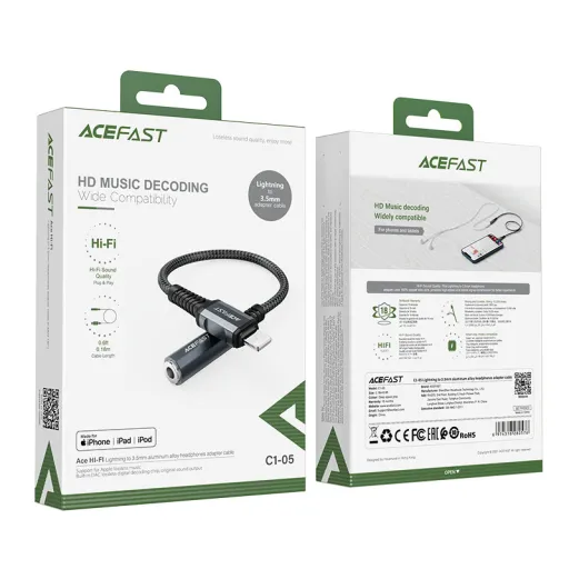 Acefast C1-05 MFI Lightning - 3.5mm mini jack audiokábel 18cm AUX szürke