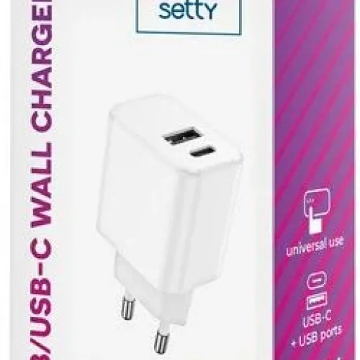 Setty Hálózati töltő adapter USB / USB Type-C 3A 20W fehér
