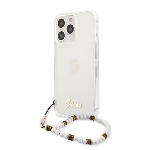 iPhone 13 Pro Max Guess White Pearl tok karpánttal átlátszó (GUHCP13XKPSWH)