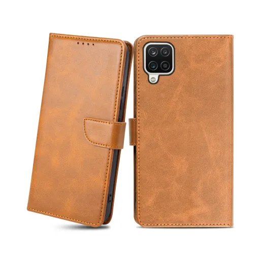 Samsung Galaxy A12 mágneses PU bőr fliptok kártyatartóval világosbarna Alphajack Samsung Galaxy A12 mágneses PU bőr fliptok kártyatartóval világosbarna Alphajack