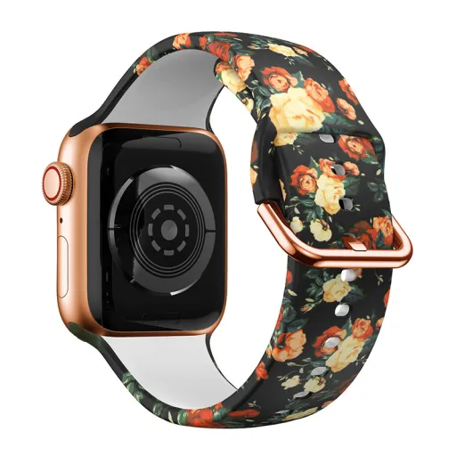 Apple Watch 38/40/41mm szilikon óraszíj virág mintás fekete-sárga-piros Alphajack