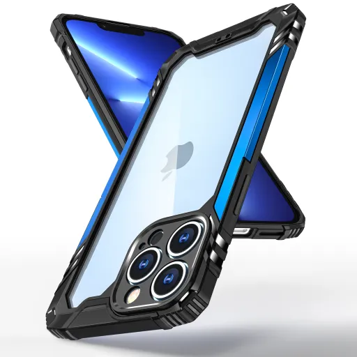 iPhone 12 Pro Max ütésálló TPU+alumínium tok fekete-kék kerettel Alphajack iPhone 12 Pro Max ütésálló TPU+alumínium tok fekete-kék kerettel Alphajack