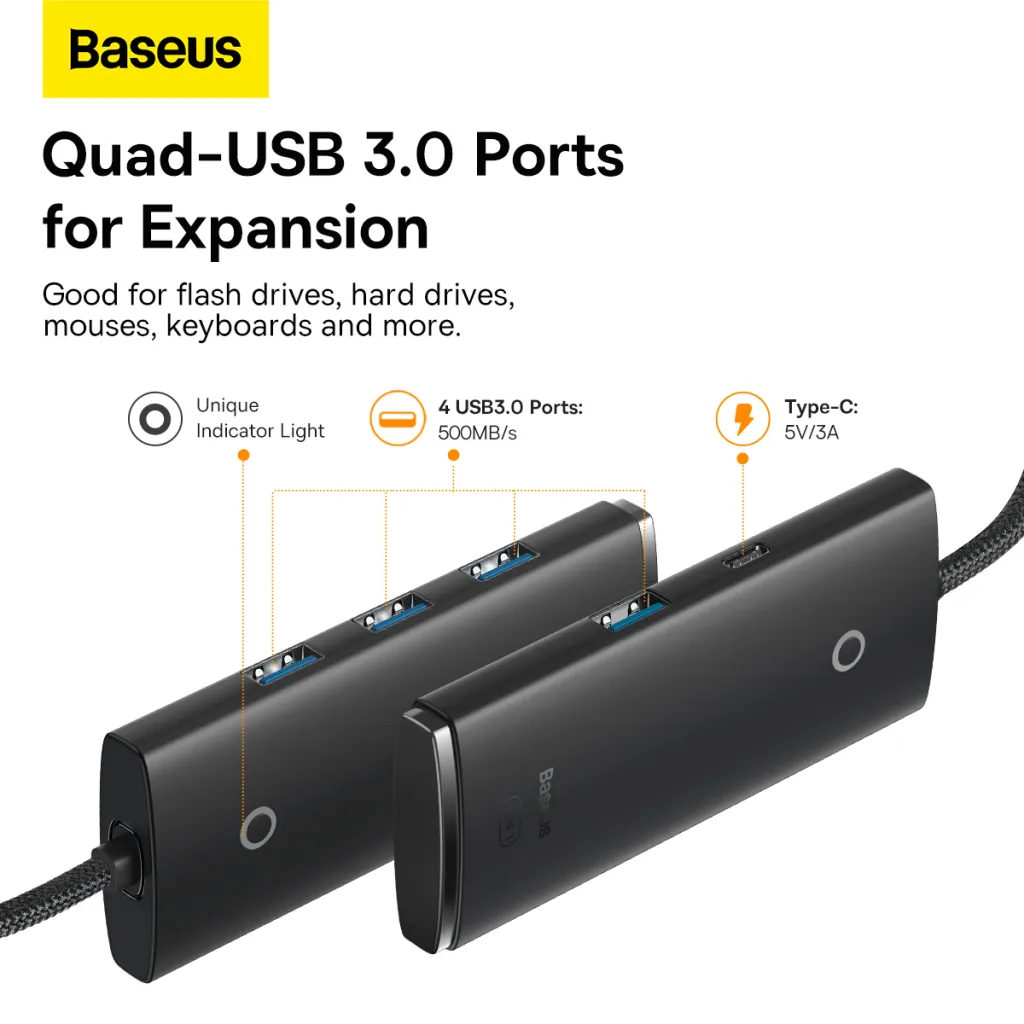 Baseus Adapter HUB - USB - 4xUSB3.0 - 25cm (WKQX030001) fekete - 9