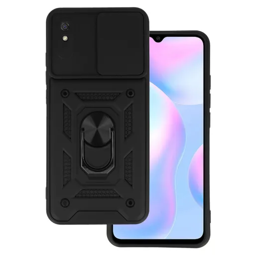 Xiaomi Redmi 9A Armor tok csúsztatható kamera lencse védővel fekete