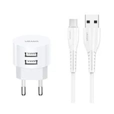 USAMS T20 hálózati töltő adapter 2xUSB 2,1A microUSB kábellel fehér