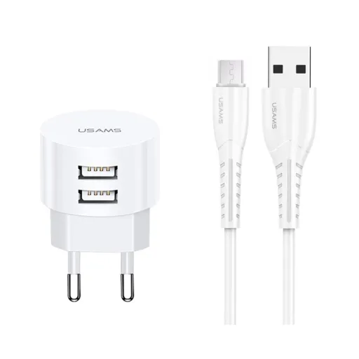 USAMS T20 hálózati töltő adapter 2xUSB 2,1A microUSB kábellel fehér