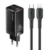 USAMS T33 hálózati töltő adapter MT 2xUSB-C + USB GaN 65W PD + USB-C-Lightning 30W gyorstöltő kábel fekete - 0. kép