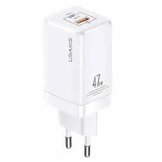 USAMS T41 hálózati töltő adapter USB-C + USB GaN 47W PD + QC Gyorstöltés fehér (US-CC137)