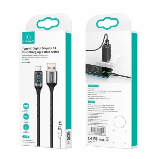 USAMS U78 USB-C gyorstöltő kábel 1,2 m LED kijelzővel 6A fehér (US-SJ544)