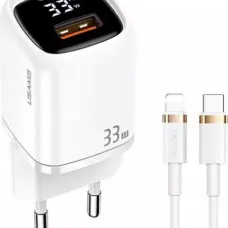 USAMS T46 hálózati töltő adapter 1xUSB-C + 1xUSB 33W PD3.0 + QC3.0 gyorstöltés + kábel U63 USB-C / lightning / fehér (USAMS-UD)