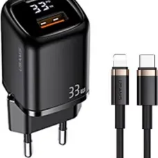 USAMS T46 hálózati töltő adapter 1xUSB-C + 1xUSB 33W PD3.0 + QC3.0 gyorstöltés + kábel U63 USB-C / lightning fekete (USAMS-UD)