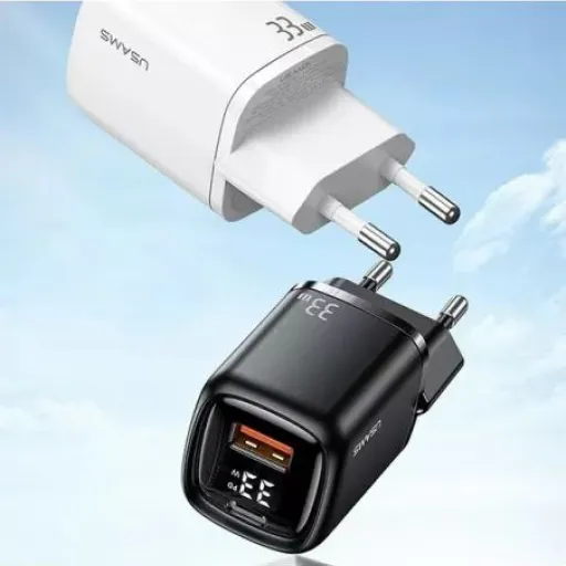 USAMS T46 hálózati töltő adapter 1xUSB-C + 1xUSB 33W PD3.0 + QC3.0 gyorstöltés + kábel U63 USB-C / lightning fekete (USAMS-UD)