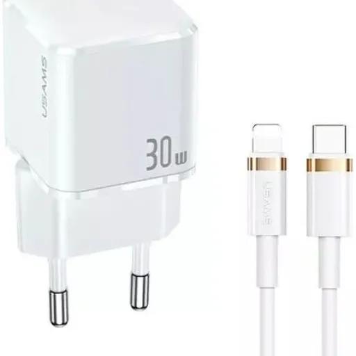 USAMS T45 hálózati töltő adapter USB-C 30W PD3.0 + QC3.0 gyorstöltés + kábel U63 USB-C / lightning fehér (USAMS-UX)