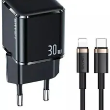 USAMS T45 hálózati töltő adapter USB-C 30W PD3.0 + QC3.0 gyorstöltés + kábel U63 USB-C / lightning fekete (USAMS-UX)