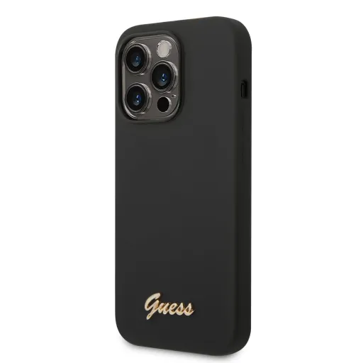 iPhone 14 Pro Guess Liquid Silicone Metal Logo tok fekete (GUHCP14LSLSMK)