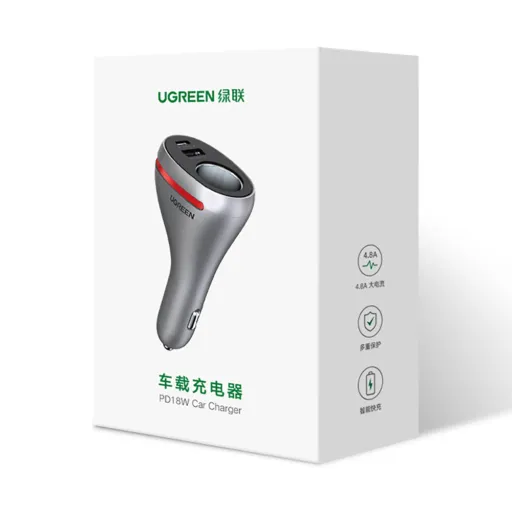 Ugreen autós töltő USB Type C / USB QC PD 24W 12V ezüst (CD204) + szivargyújtó porttal