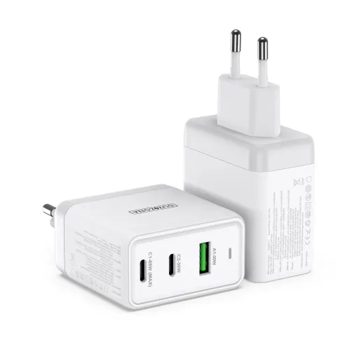 Duzzona 3 portos GaN hálózati töltő adapter 2 x USB Type C + USB 65W PD QC3.0 fehér