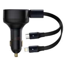 Baseus Enjoyment 2 az 1-ben autós töltő visszahúzható kábellel Type C + Lightning 30W fekete