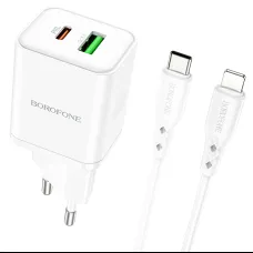 Borofone BN7 hálózati töltő adapter USB+Type C QC 3.0 PD 20W + Type C - Lightning kábel fehér
