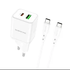 Borofone BN7 hálózati töltő adapter USB+Type C QC 3.0 PD 20W + Type C - Type C kábel fehér