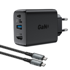 Acefast 2 az 1-ben hálózati töltő adapter GaN 65W USB Type C / USB, HDMI adapter 4K@60Hz + USB Type C kábel 1.8m, fekete (A17)