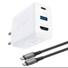Acefast 2 az 1-ben hálózati töltő adapter GaN 65W USB Type C / USB, HDMI adapter 4K@60Hz + USB Type C kábel 1.8m, fehér (A17)
