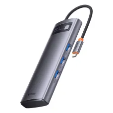 Baseus Metal Gleam Series 8 az 1-ben dokkoló, HUB USB Type C - 2 x HDMI / 3 x USB 3.2 Gen.1 / 1 x Power Delivery / 1 x SD kártyaolvasó / 1 x microSD kártyaolvasó szürke (WKWG050113)
