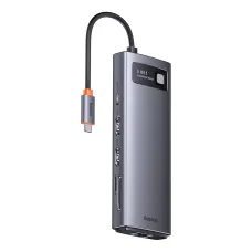 Baseus Metal Gleam Series 9 az 1-ben dokkoló, HUB USB Type C - 2 x HDMI / 2 x USB 3.2 Gen. 1/1 x USB 2.0 / 1 x Power Delivery / 1 x SD kártyaolvasó / 1 x microSD kártyaolvasó / 1 x RJ-45 szürke (WKWG060013)