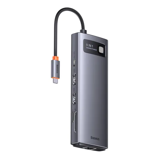 Baseus Metal Gleam Series 9 az 1-ben dokkoló, HUB USB Type C - 2 x HDMI / 2 x USB 3.2 Gen. 1/1 x USB 2.0 / 1 x Power Delivery / 1 x SD kártyaolvasó / 1 x microSD kártyaolvasó / 1 x RJ-45 szürke (WKWG060013)