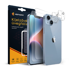 iPhone 14 2db üvegfólia + 2db kamera lencse védő, felhelyező kerettel 9H 2.5D HD 0.33mm Alphajack 