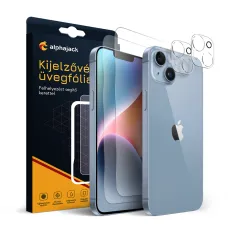 iPhone 14 Plus 2db üvegfólia + 2db kamera lencse védő, felhelyező kerettel 9H 2.5D HD 0.33mm Alphajack 