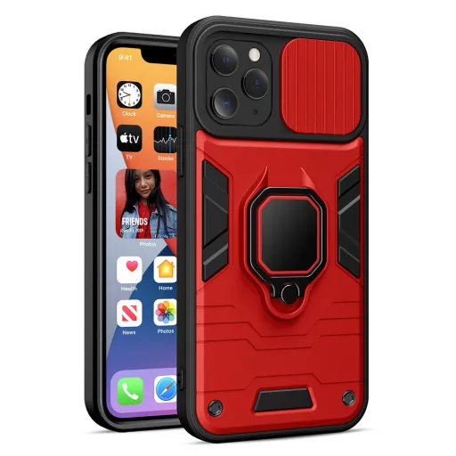 iPhone 14 Pro Ring Lens tok kameralencse védővel és kihajtható támasszal piros iPhone 14 Pro Ring Lens tok kameralencse védővel és kihajtható támasszal piros